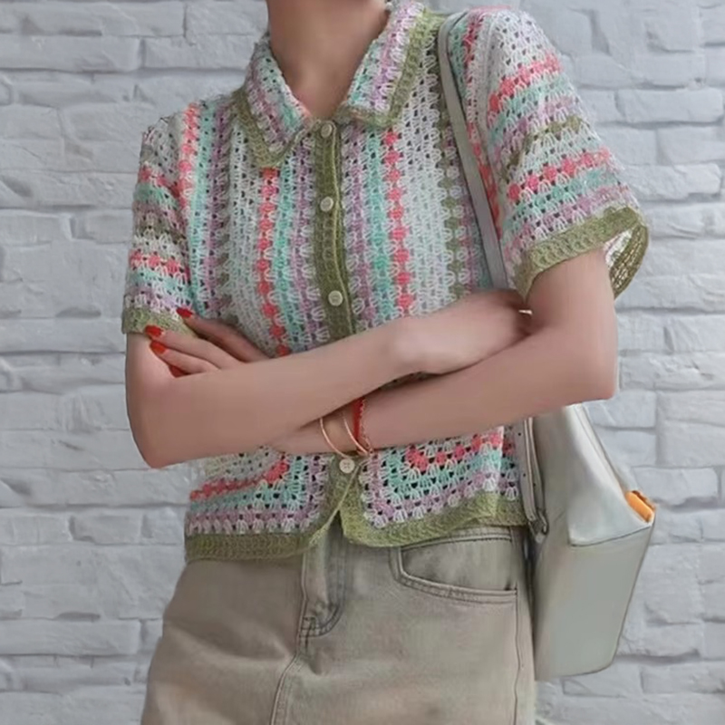 Crochet Top Boho - قميص كروشيه بأزرار للنساء، بلوزة بأكمام