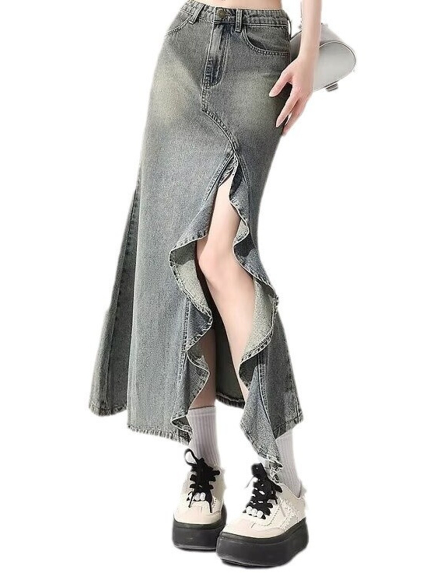 Denim Skirt Midi Vintage - تنورة جينز نسائية طويلة بتصميم حورية
