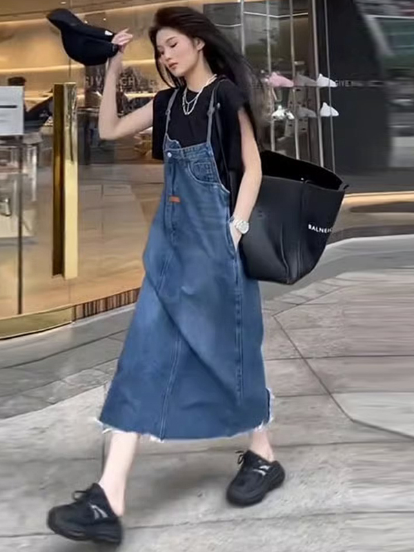 Denim Skirt Midi Vintage - فستان أوفرول أمريكي كلاسيكي من الدنيم