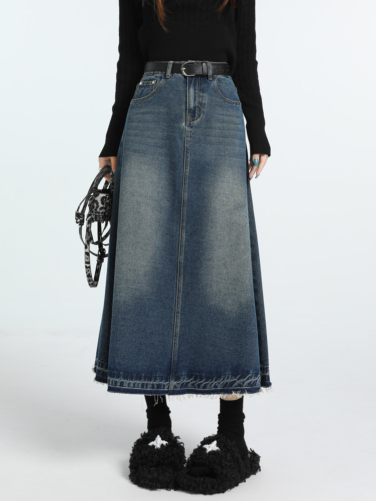 Denim Skirt Midi Vintage - ارتفاع الخصر خمر ألف خط الجينز