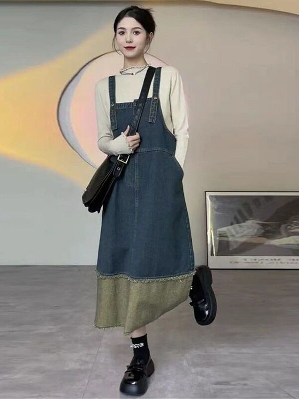 Denim Skirt Midi Vintage - فستان دنيم كلاسيكي بياقة هالتر للنساء،