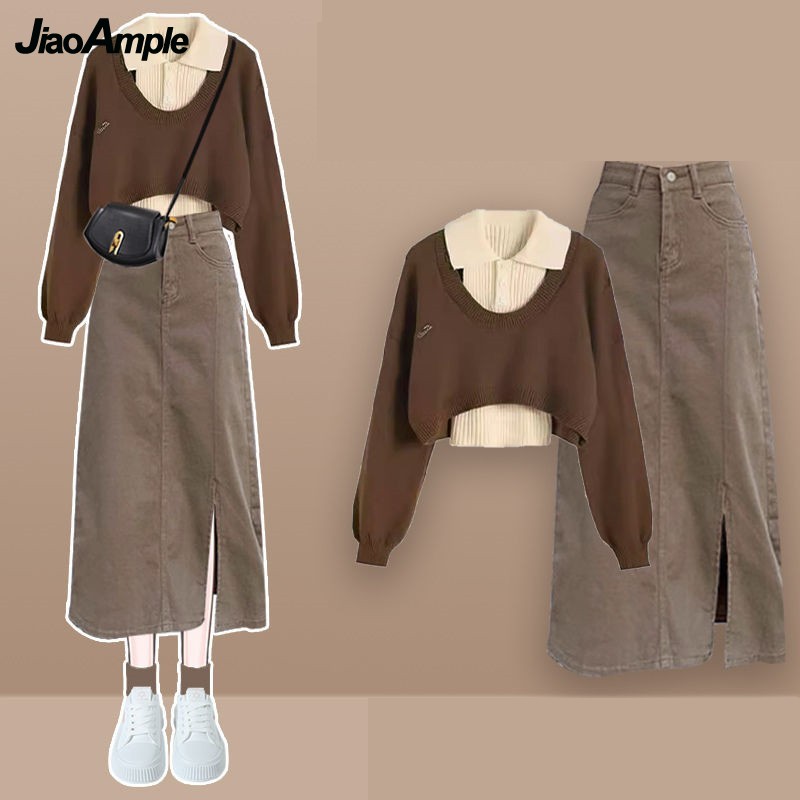 Denim Skirt Midi Vintage - المرأة ربيع الخريف جديد خمر متماسكة