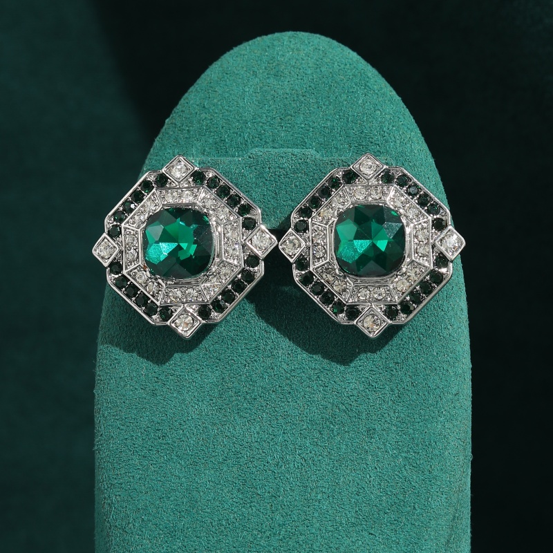 Vintage Fashion Jewelry Brands - أقراط كريستال الزمرد المربعة الكلاسيكية للنساء،