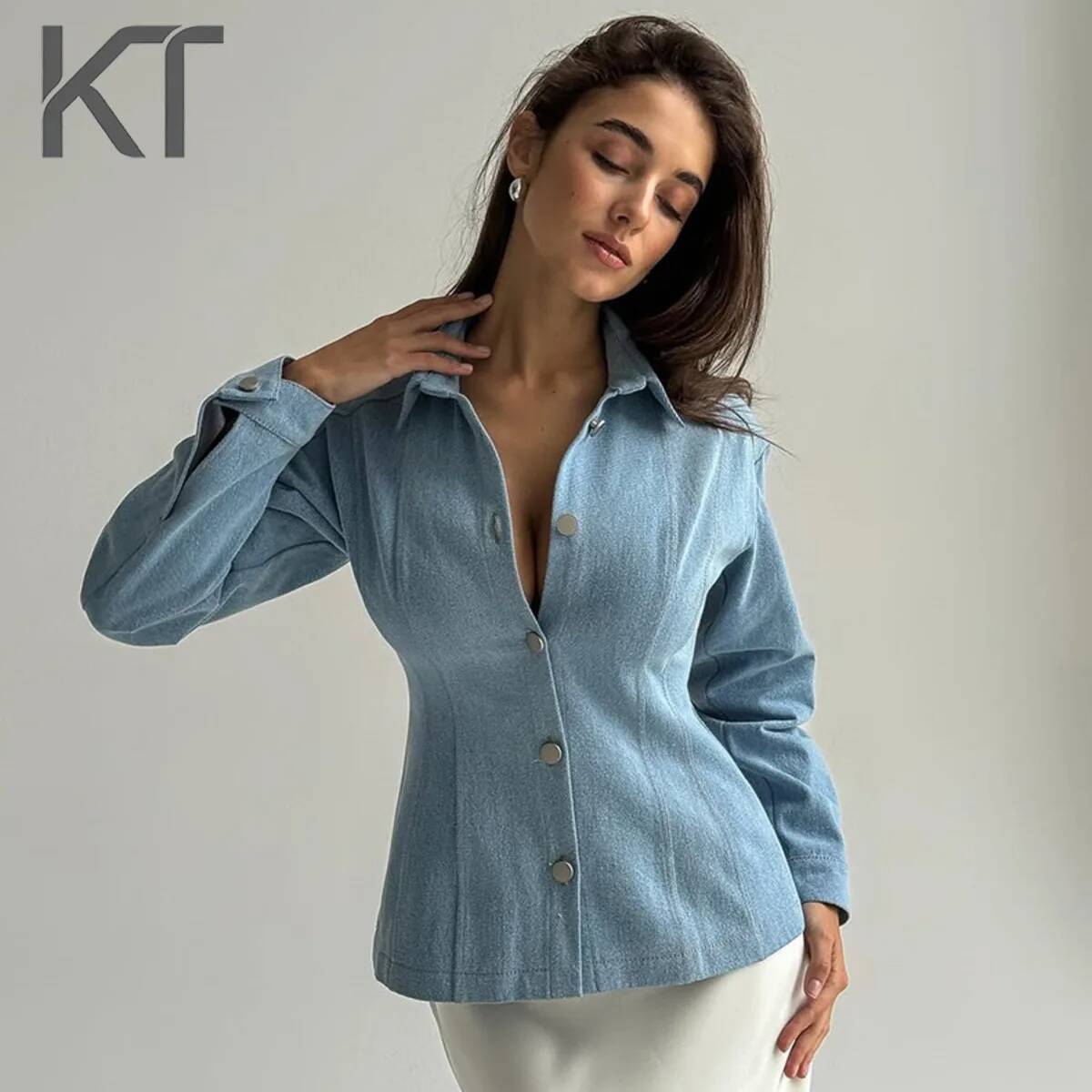 Vintage Fashion Women - قميص جينز نسائي كلاسيكي من كي