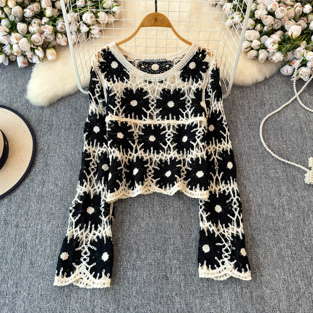 Crochet Top Boho - بلوزة كروشيه نسائية بنقشة زهور، بأكمام