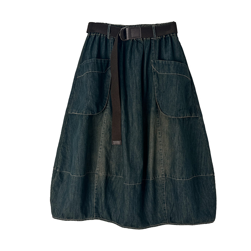Denim Skirt Midi Vintage - تنورة جينز كبيرة الحجم مع حزام