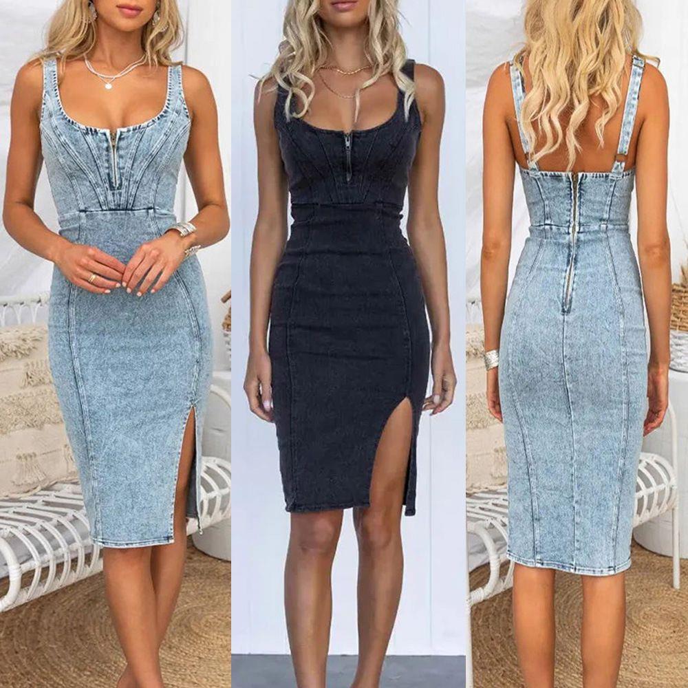 Denim Skirt Midi Vintage - فستان دينيم قصير الأكمام بدون أكتاف