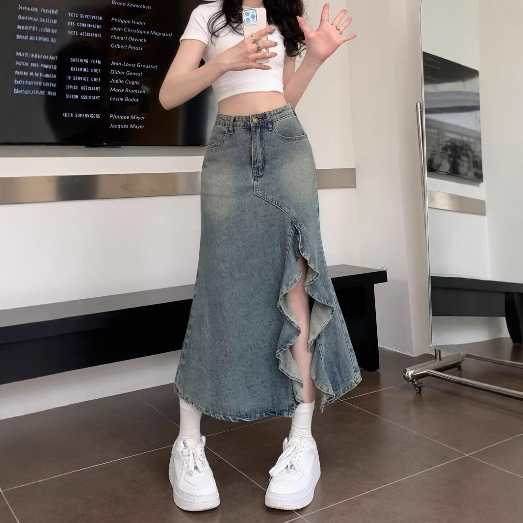 Denim Skirt Midi Vintage - تنورة جينز كورية عالية الخصر بتصميم