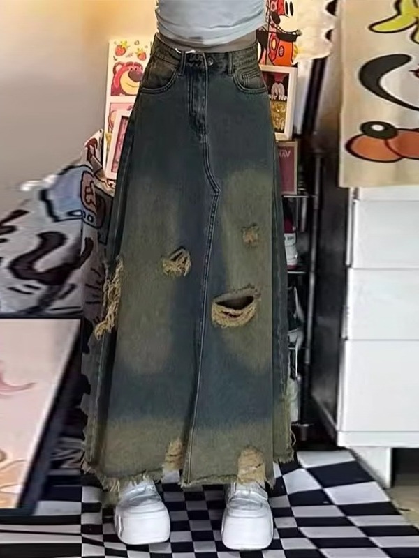 Denim Skirt Midi Vintage - تنورة جينز نسائية بخصر مرتفع وقصة