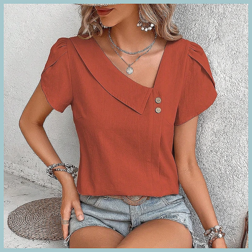 Vintage Fashion Women - بلوزة نسائية بلون موحد بتصميم كلاسيكي
