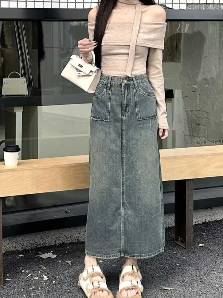 Denim Skirt Midi Vintage - تنورة دنيم ميدي بخصر عالٍ مغسولة