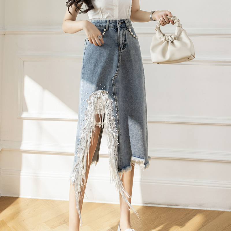 خمر S-5XL انقسام اللؤلؤ مطرز ت - مراجعة Denim Skirt Midi Vintage وسعره