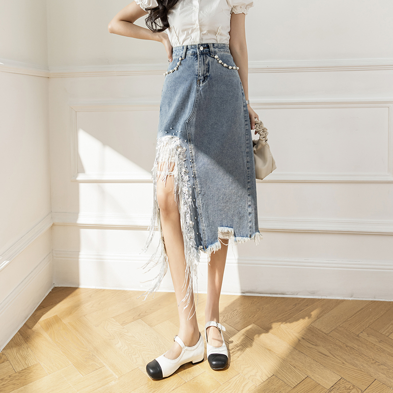 خمر S-5XL انقسام اللؤلؤ مطرز ت - مراجعة Denim Skirt Midi Vintage وسعره