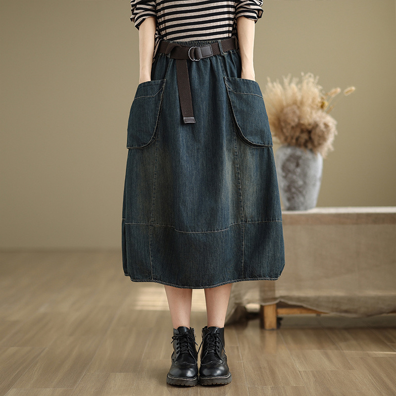 تنورة جينز كبيرة الحجم مع حزام - مراجعة Denim Skirt Midi Vintage وسعره