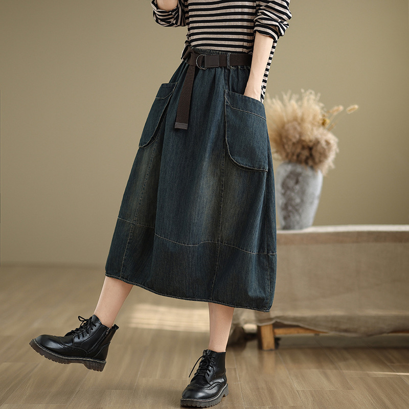 تنورة جينز كبيرة الحجم مع حزام - مراجعة Denim Skirt Midi Vintage وسعره