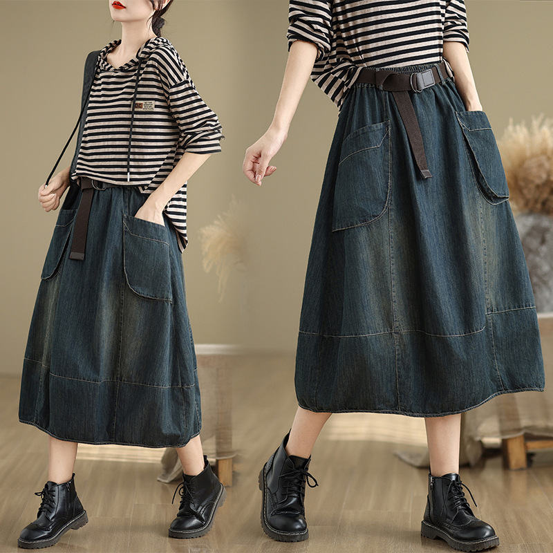 تنورة جينز كبيرة الحجم مع حزام - مراجعة Denim Skirt Midi Vintage وسعره