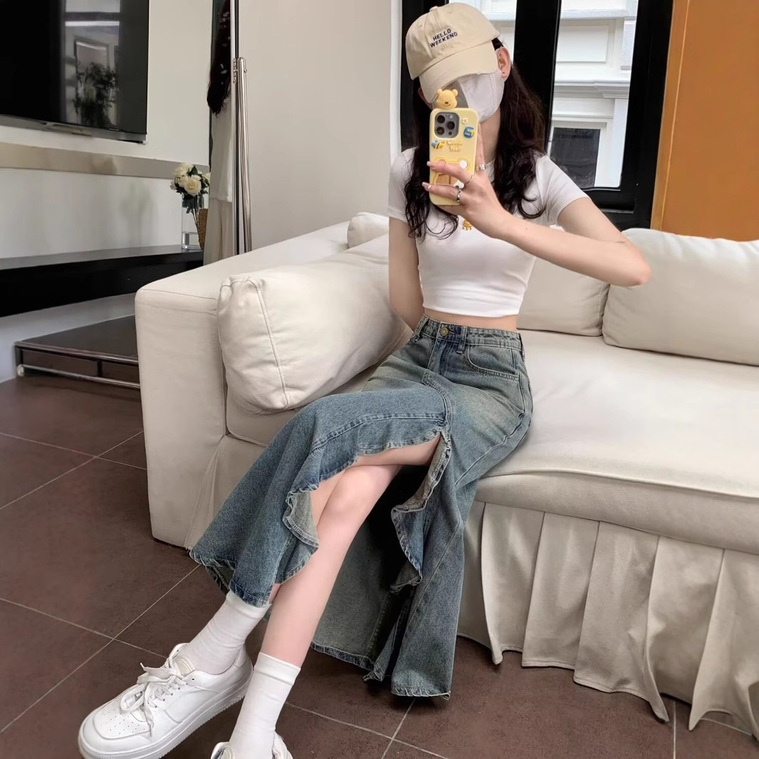 تنورة جينز كورية عالية الخصر ب - مراجعة Denim Skirt Midi Vintage وسعره