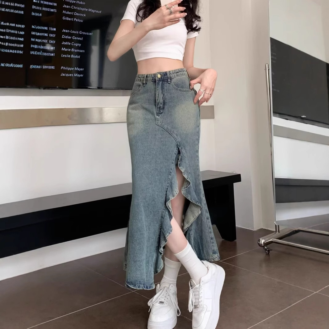 تنورة جينز كورية عالية الخصر ب - مراجعة Denim Skirt Midi Vintage وسعره