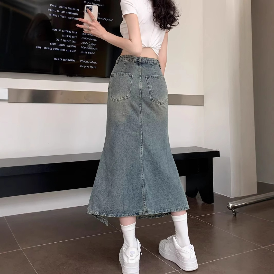 تنورة جينز كورية عالية الخصر ب - مراجعة Denim Skirt Midi Vintage وسعره