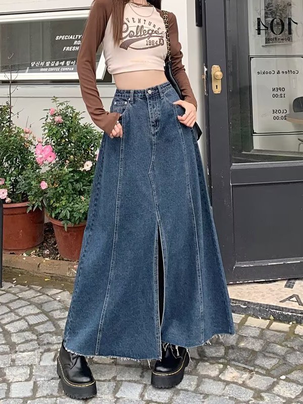 تنورة دنيم بخصر عالٍ وشقوق، تص - مراجعة Denim Skirt Midi Vintage وسعره