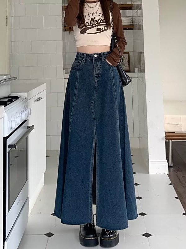 تنورة دنيم بخصر عالٍ وشقوق، تص - مراجعة Denim Skirt Midi Vintage وسعره