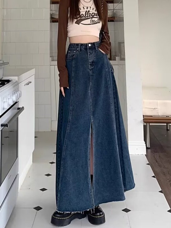 تنورة دنيم بخصر عالٍ وشقوق، تص - مراجعة Denim Skirt Midi Vintage وسعره