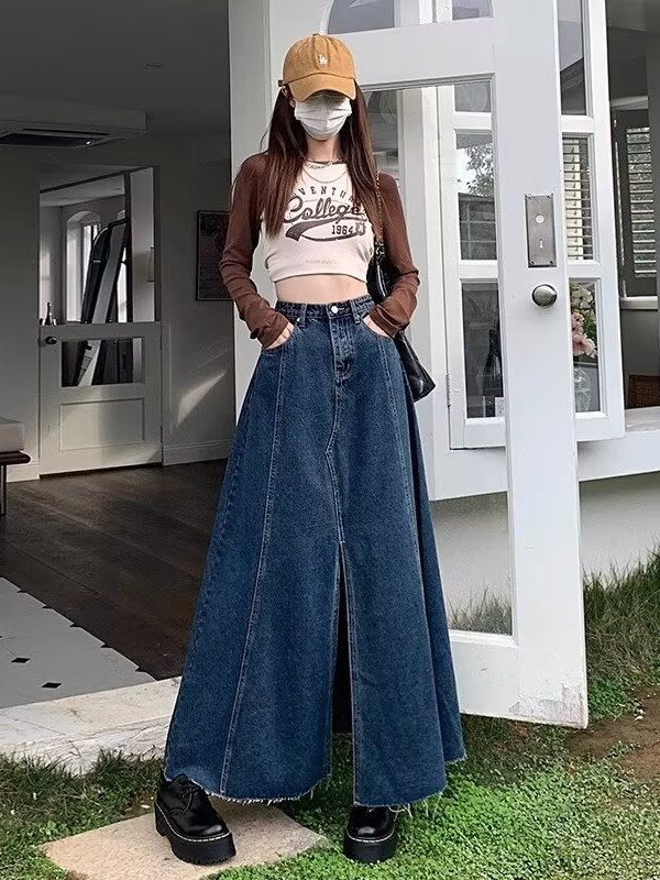 تنورة دنيم بخصر عالٍ وشقوق، تص - مراجعة Denim Skirt Midi Vintage وسعره