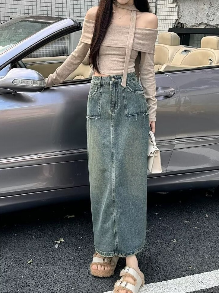 تنورة دنيم ميدي بخصر عالٍ مغسو - مراجعة Denim Skirt Midi Vintage وسعره