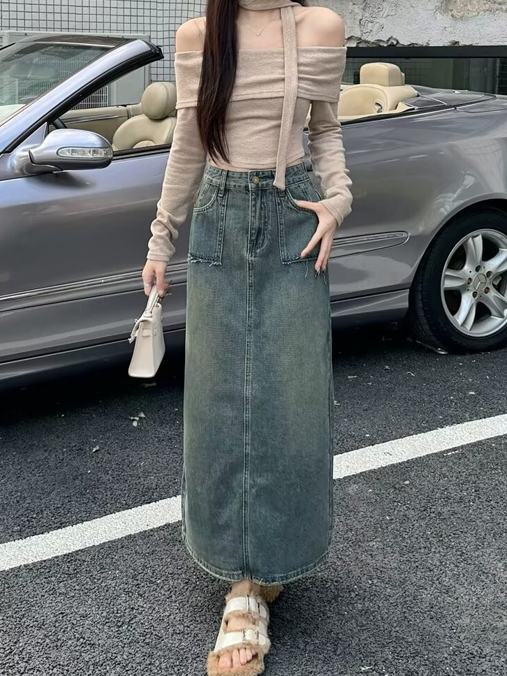 تنورة دنيم ميدي بخصر عالٍ مغسو - مراجعة Denim Skirt Midi Vintage وسعره