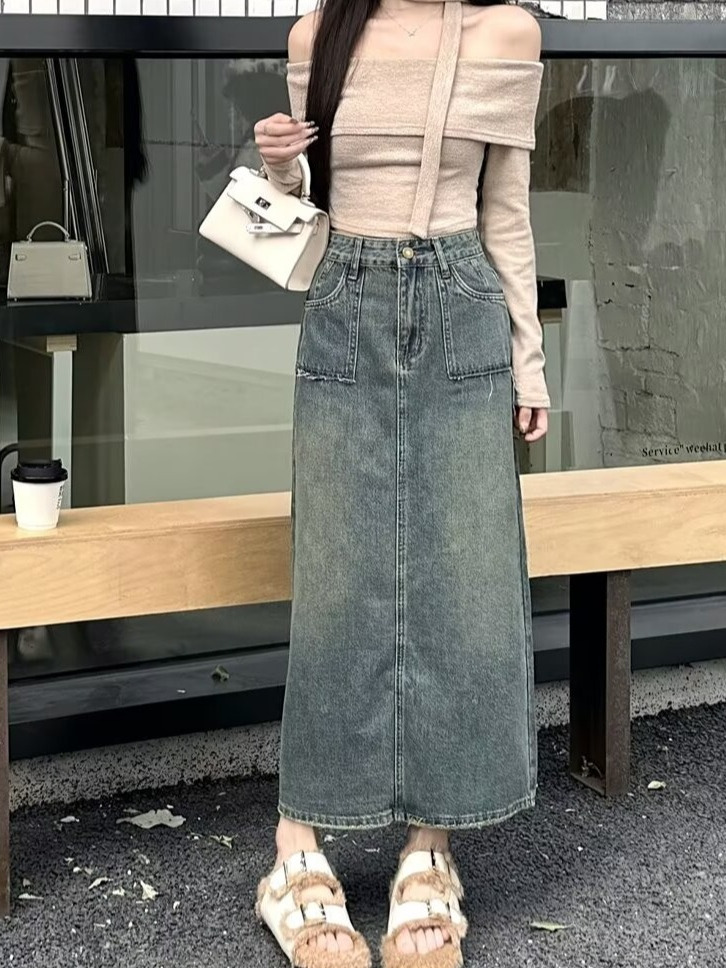تنورة دنيم ميدي بخصر عالٍ مغسو - مراجعة Denim Skirt Midi Vintage وسعره